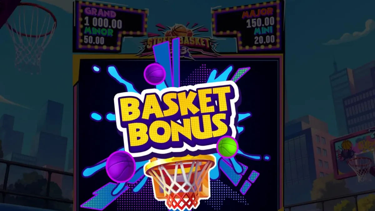 Tampilan visual permainan slot Street Basket 3x3 dengan latar belakang lapangan basket jalanan.